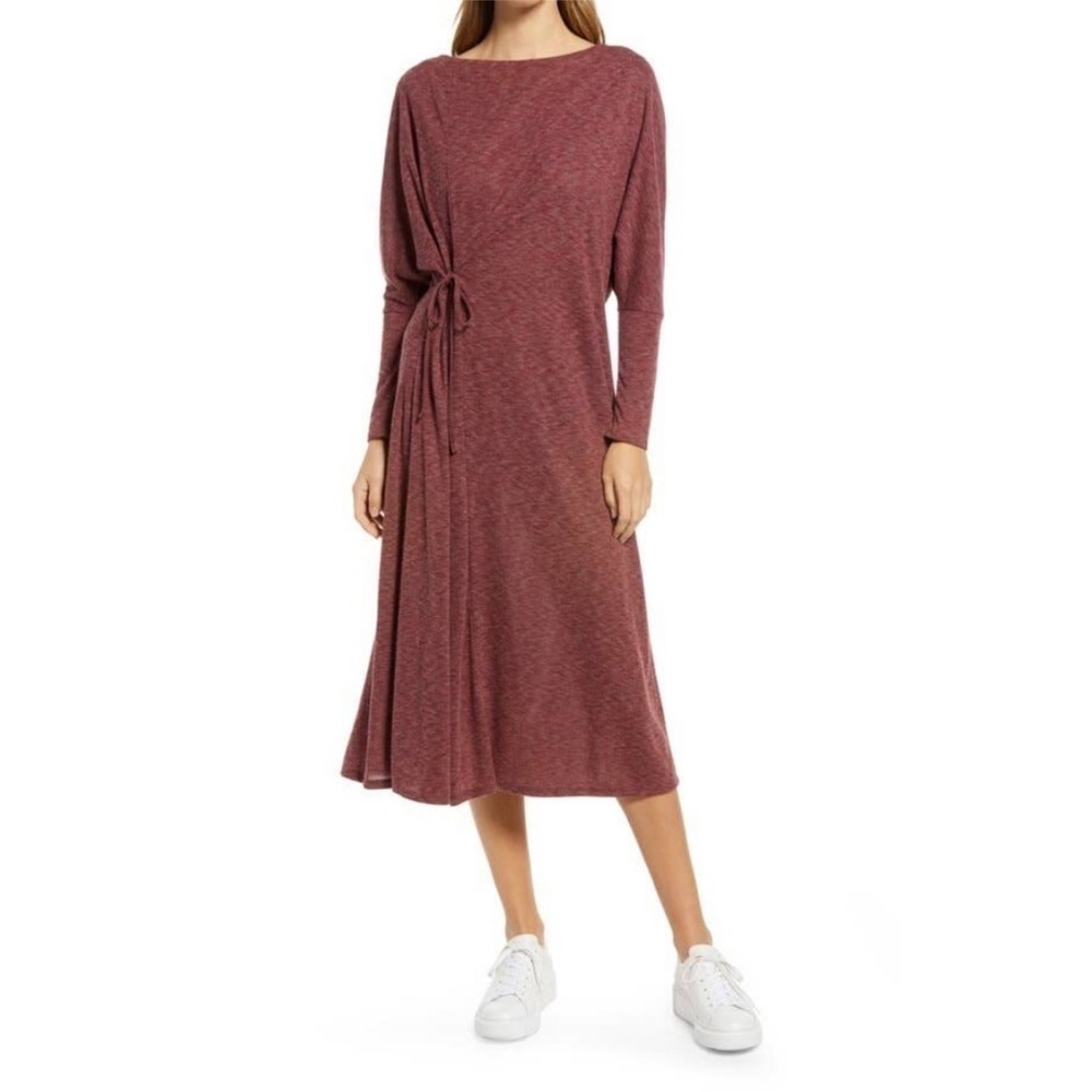 NWT Caslon Cozy Long Sleeve Red Syrah Heather Knit Wrap Dress Size Small